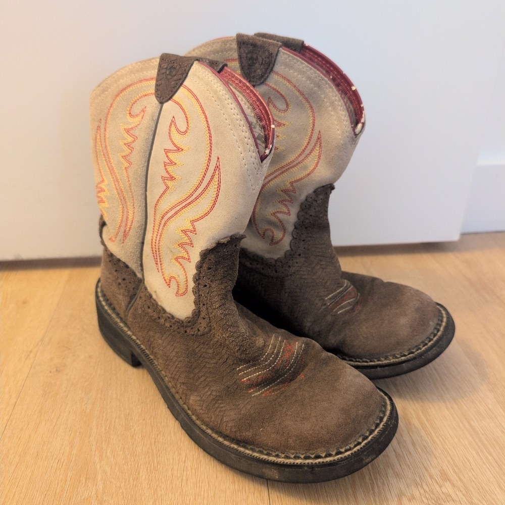 Ariat Brown Suede and Cream Embroidered Western Ankle Boots